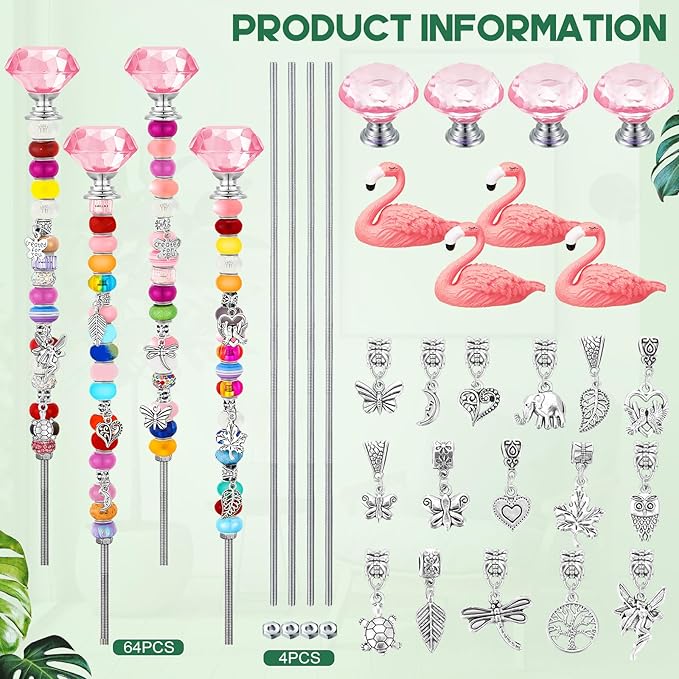 Lineshading 95 Pcs Beaded Garden Stakes Kit Flamingo Decorative DIY Fairy Wand Garden Stake Beads Kits for Plant Stakes Toppers Jeweled Ornament DIY Craft Supplies