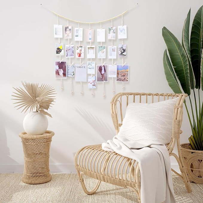 KLOGTSIND Macrame Hanging Photo Display Boho Wall Decor, Picture Christmas Card Holder with String Lights, Photo Hanger with 50 Clips for Room, Dorm, Nursery, Home Decor, Teenage Teen Girl Gifts