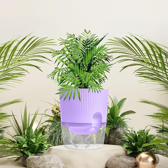 3 Pack - 5.5 Inch Self Watering Planter Pots for Indoor Plants - African Violet Pots with Wick Rope - Purple