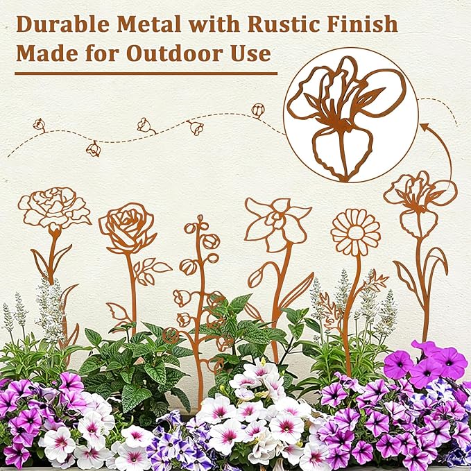 Rusty Metal Flowers for Outside, 6 PCS Decorative Garden Stakes, Metal Yard Art Outdoor Flower Bed Decor, Garden Stakes Decorative for Lawn, Pots, Walkway