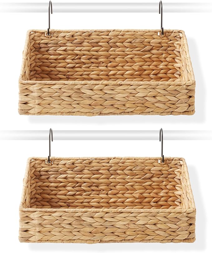 Casafield Set of 2 Hanging Baskets with Hooks - Natural, Hyacinth Woven Wall Mounted Storage Bins for Kitchen, Bathroom, Laundry Room, Home Office