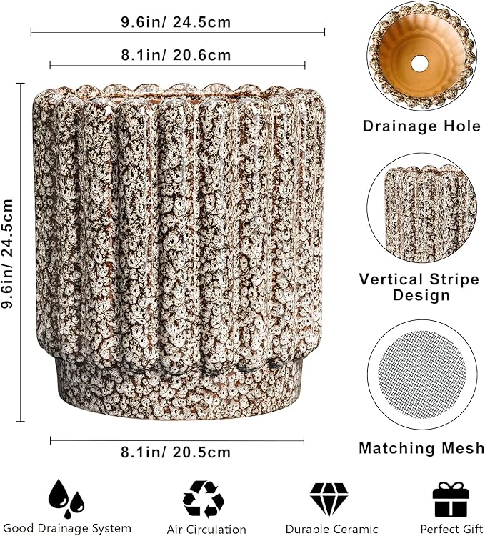 Ceramicfor Ceramic Planter - 9.6 Inch Plant Pots Indoor with Drainage Hole, Round Fluted Ceramic Flower Pots, Decorative Planter Outdoor, Home Decor, Plant Lover Gifts for Women, Leopard Print White