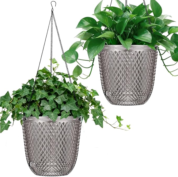 QCQHDU Hanging Planters for Indoor Plants, 2-Pack 7.2 Inch Self Watering Hanging Pots, Plastic Plant Hanger with Drainage Holes and 3 Hooks Chains for Garden Home (Gray)