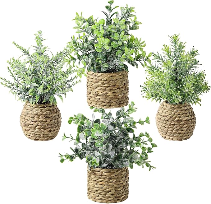 Small Fake Potted Plants: 7 Inches Artificial Plants with Seagrass Handwoven Planters, Indoor Farmhouse Spring Decorations, Eucalyptus Plant for Home Bathroom Office Shelf Tabletop Desk Room Decor
