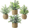 Small Fake Potted Plants: 7 Inches Artificial Plants with Seagrass Handwoven Planters, Indoor Farmhouse Spring Decorations, Eucalyptus Plant for Home Bathroom Office Shelf Tabletop Desk Room Decor