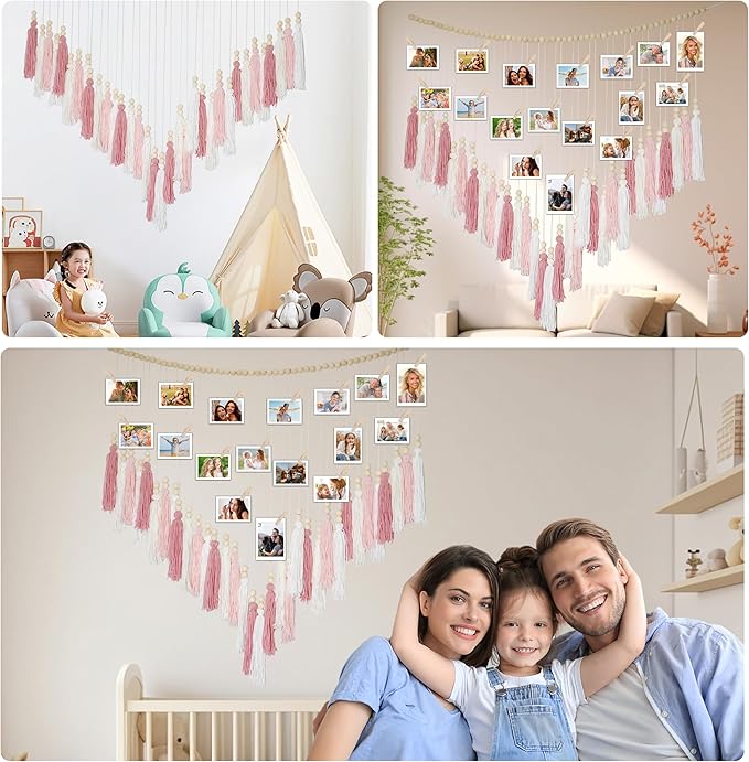 Macrame Hanging Photo Display Wall Decor, Macrame Photo Wall Hanging Boho Room Bedroom Wooden Beads Garland Picture Holder Photo Display Cilp with 30 Clip