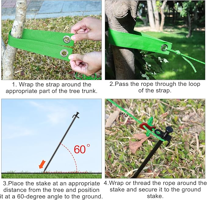 Fabulas Tree Stakes Kits, 4 Pcs 11.8 Inch Heavy Duty Steel Stakes and Supports for Leaning Young Trees Straightening with 4 Pcs Support Straps and 13.2ft Anchor Ropes, Against Strong Wind Bad Weather