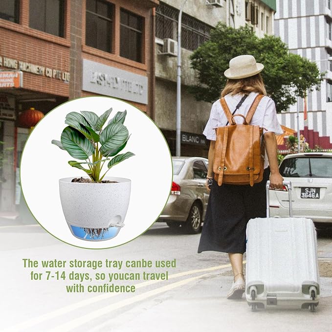 WSMKSZ 10 inch Self Watering Pots, Planter, Plant Pots with Mesh Drainage Holes for Indoor Outdoor House Plants and Garden, Set of 2 Plastic Flower Pots with Deep Reservoir, Speckled White