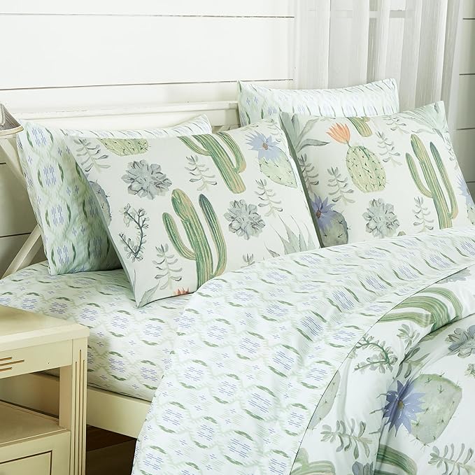 Chezmoi Collection Gregory 5-Piece Serene Lodge Bed in a Bag Twin Comforter Set - Green Blue Cactus Succulent Plant Printed Microfiber Bedding Set