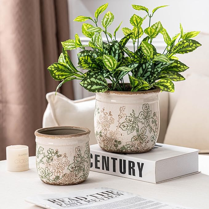 SURE YUESI Set of 2 Ceramic Planters 4.7” & 5.7”, Vintage Indoor Plant Pots Without Drainage Hole, Pastoral Rustic Decorative Planters for Flowers & Home Decor