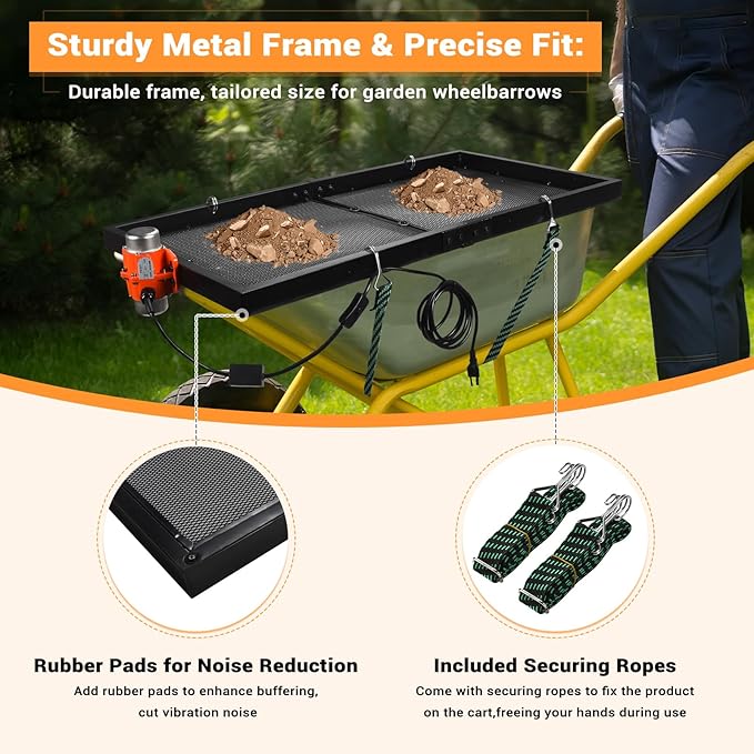 Soil Sifter with 30W Motor, Metal Sifter for Rocks with Switch & Noise-Reducing Rubber Pads, Automatic 39" x 19.5" Large Compost Screen Sieve for Sand-Idea for Most Wheelbarrow Carts (Not Included)