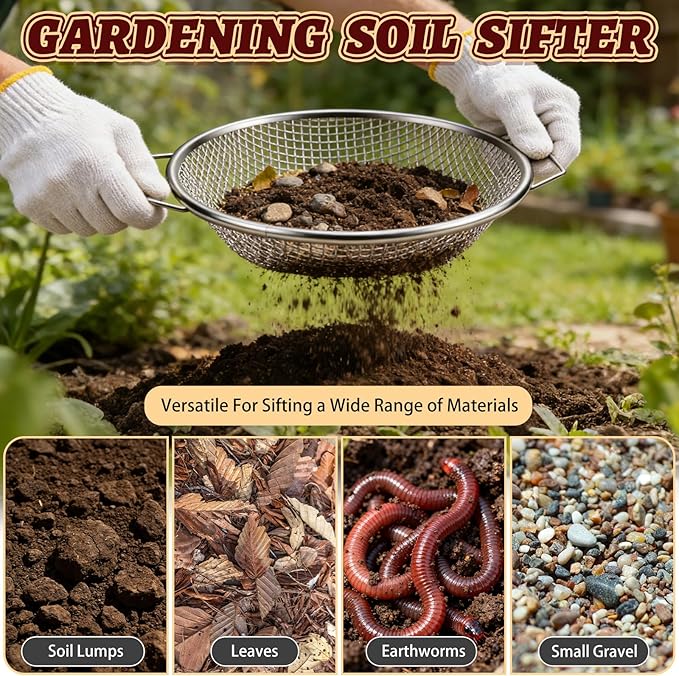 3PCS Soil Sifter for Gardening, Rock Soil Sifter with Handle Compost Sifting Screen for 5 Gallon Buckets with Metal Garden Tool Shovel Gloves 3,6,10mm Mesh Sizes Remove Stone Fine Gravel Sand Dirt