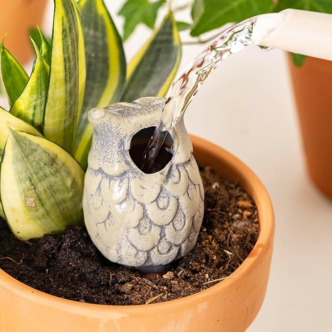 Mother’s Day Gift for Mom from Daughter or Son, 4 Pack Handmade Terracotta Owl Watering Globes & Spikes, Self-Watering Plant Devices with Slow Release System for Indoor & Outdoor Plants, Vacation Use