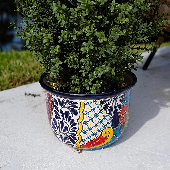 Nearly Natural Handcrafted Talavera Ceramic Planter - 9in x 12.5in, Vibrant Hand-Painted Mexican Design, Suitable for Faux and Live Plants with Drainage Hole, Colorful Home Decor, Not Food Safe