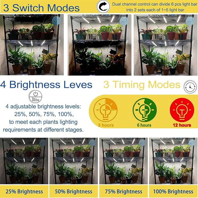 LED Grow Lights Strips for Indoor Plants with Auto ON & Off Timer, T5 Sunlike Full Spectrum Grow Lights Bar Growing Lamps for Greenhouse Shelves Hydroponics Succulent, 4 Dimmable Levels