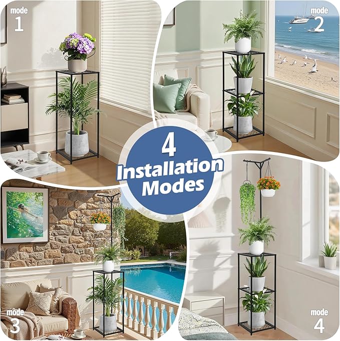 3 Tiered Hanging Plant Stand Indoor outdoor, Corner Plant Flower Stand for Multiple Plants, 67" Tall Plant Rack for 5 Potted Flowers,Plant Shelf for Living Room, Balcony, Patio, Garden, Square Black Metal