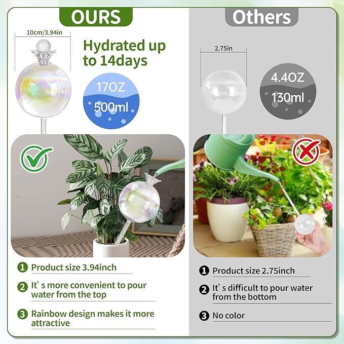 17 oz 2 Weeks Extra Large Plant Watering Globes, Iridescent Glass Self Watering Globes, Self Watering Planter Insert, Plant Watering Devices, Automatic Watering Bulbs for Daily Use (Large 2-Pack)