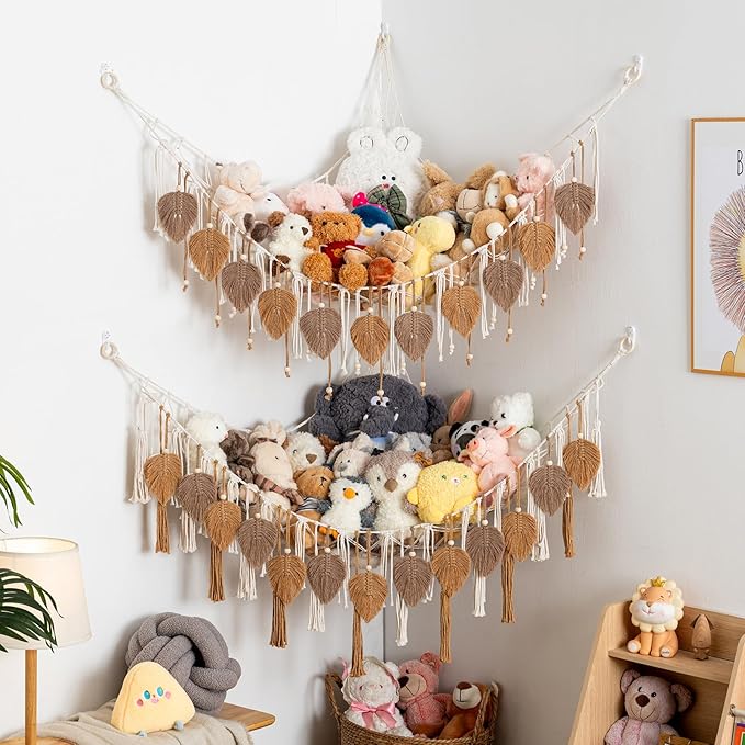 Pretty Jolly Macrame Stuffed Animal Hammock with Beads Hand Woven Leaf Tassels Corner Hanging Net Boho Plush Holder for Kid Room Nursery Deco Organizer for Girls Gift(Milkcoffee & Jute)