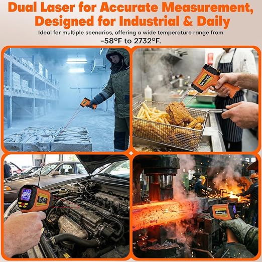 Dual-Laser Infrared Thermometer, -58°F to 2732°F (-50°C to 1500°C) Temperature Gun, 50:1 Non-Contact Temp Gun for Metal Smelting, Furnace, HVAC, Pizza Oven & Engine Diagnostics