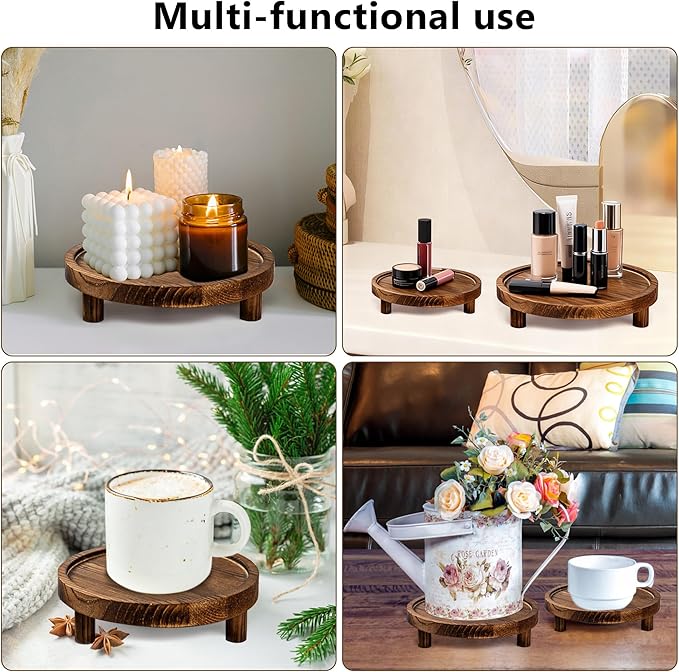 3 Pcs Wooden Display Risers Round Wood Pedestal Stand Mini Plant Tray Stand, 10-6 Inch Rustic-style decorative shelf for Displaying Plants and Candles (Brown)