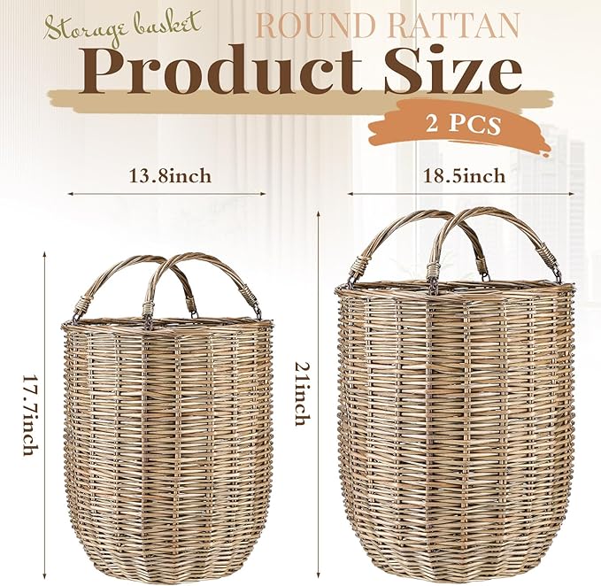 Boao Set of 2 Large Rattan Storage Basket - Round Handwoven Wicker Blanket Organization Baskets with Handles for Home Planter Decor, Laundry Hamper