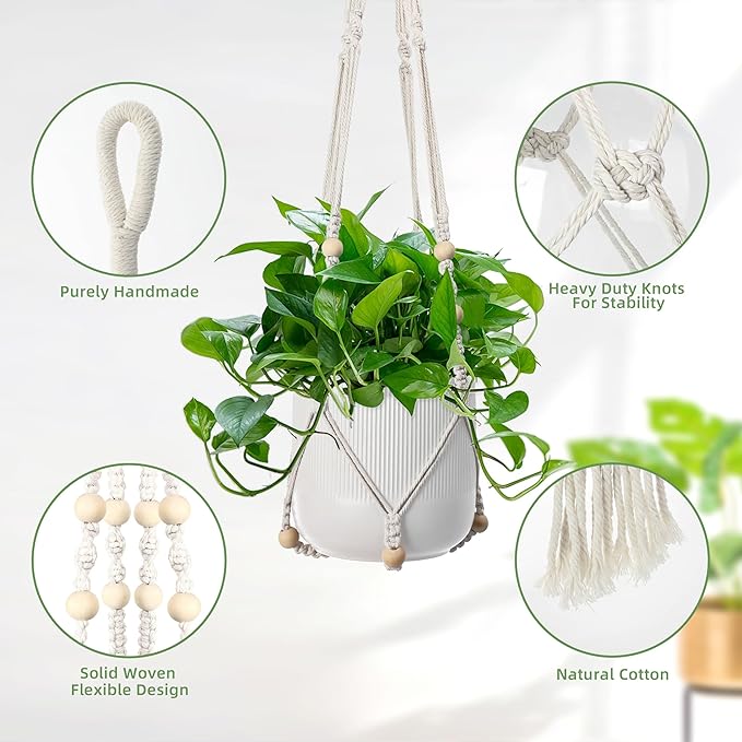 EWPJDK 3 PCS Macrame Plant Hanger Indoor Hanging Planter Basket with Wood Beads Plants Holder Decorative Flower Pot Holder (POTS NOT Included) (Ivory White)