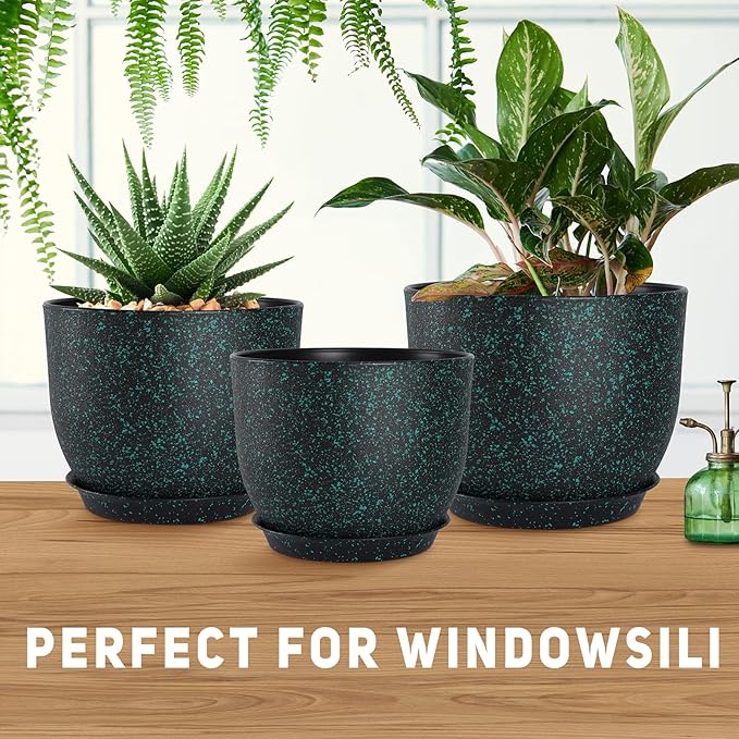 YNNICO Plant Pots 10/9/8/7.5/7 inch Set of 5,Flower Pots with Multi Mesh Drainage Holes, Large Planters for Indoor Outdoor Garden Plants and Flowers. (Green Speckles)