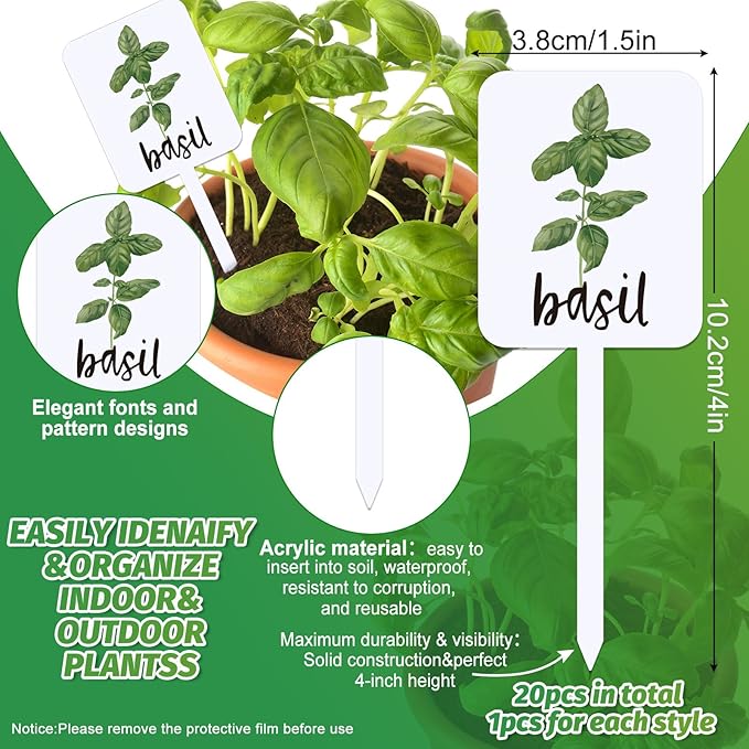 FYSUIMU 20Pcs Acrylic Plant Label Signs 20 Styles Garden Herb Markers Plant Stake Tags White Waterproof Tags with Herb Names for Nursery Indoor Outdoor Garden Decor