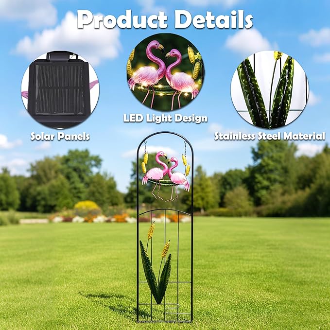 Solar Light Trellis for Climbing Plants Outdoor Made of Metal,Voumsil Flamingo Garden Trellis with Lights for Garden Decor,Court Yard,Balcony