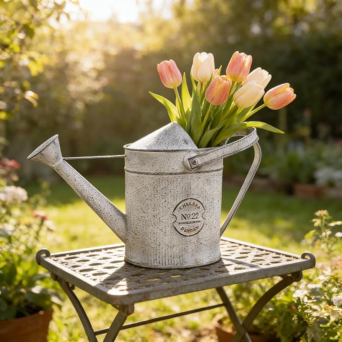 Vintage Galvanized Metal Watering Can - Rustic Farmhouse Design Watering Pot, Garden Decorative Planter for Home Patio Outdoor Wedding Party Decor