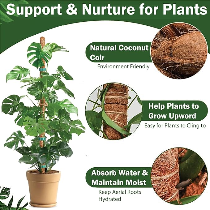3 Pack 28 Inch Moss Pole, Stackable Moss Poles for Climbing Plants Monstera, Tall Plant Sticks Accessories, Large Coir Monstera Plant Support Stakes for Potted Plants Indoor, Pothos