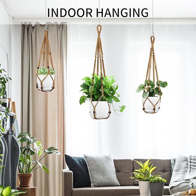 Macrame Plant Hanger - Fits 4 to 13 inches Pots for Indoor Outdoor, 35"/29"/23" Different Sizes Set, Brown (POTS NOT Included)