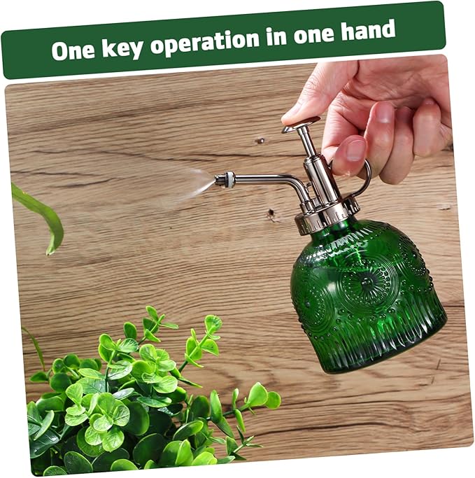 PartyKindom Embossed Glass Spray Water Bottle for Plants Green and Antique Plant Handed Garden Mister with Smooth Consistent Spray Pattern for Indoor and Outdoor Use
