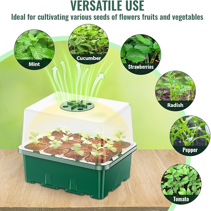Seed Starter Tray with Grow Light, 5 Pack 60 Cells Seed Starter kit with Humidity Dome and Base, Plant Seedling Trays Indoor Greenhouse Gardening (Green 5 Pack)