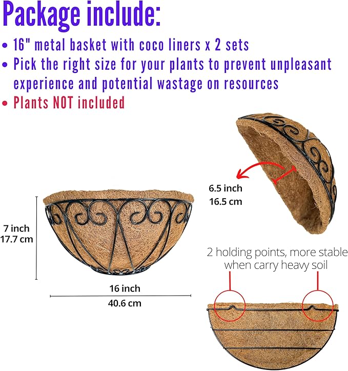 LaLaGreen Outdoor Wall Planters (2 Pack, 16 Inch) Black Metal Wall Mounted Hanging Basket with Coco Liner, Large Flower Pot Plant Holder Planter for Fence Railing Deck Porch Balcony Modern Home Decor