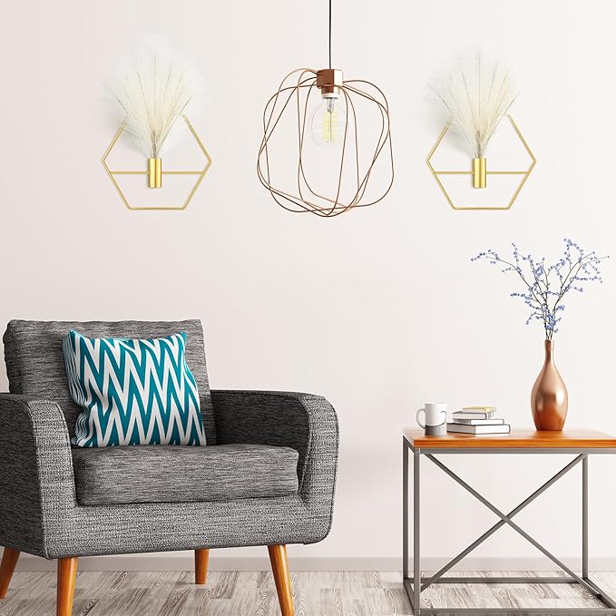 Peryiter 2 Pcs Boho Wall Decor Metal Gold Wall Art Hanging Planters with Artificial Pampas Modern Home Decor Display Art for Living Room Bedroom Bathroom(Hexagon)