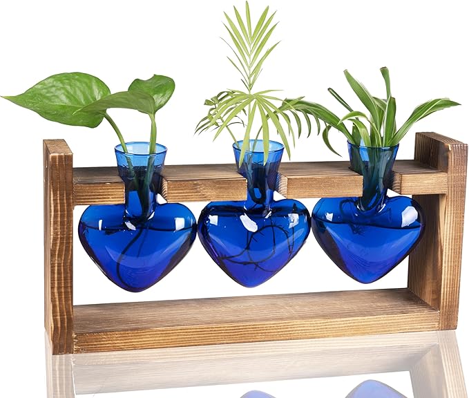 Kingbuy 3-Heart Plant Terrarium Kit with Vintage Wood Stand - Stained Glass Vase Propagation Station, Wall-Mounted & Tabletop Indoor Decor for Home Kitchen Wedding Gift, Blue