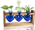 Kingbuy 3-Heart Plant Terrarium Kit with Vintage Wood Stand - Stained Glass Vase Propagation Station, Wall-Mounted & Tabletop Indoor Decor for Home Kitchen Wedding Gift, Blue