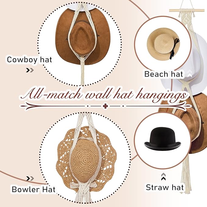 Yulejo Macrame Hat Hangers Boho Hat Rack Cowboy Hat Hanger Back of Door Hat Organizer (White,Two Hats Style)