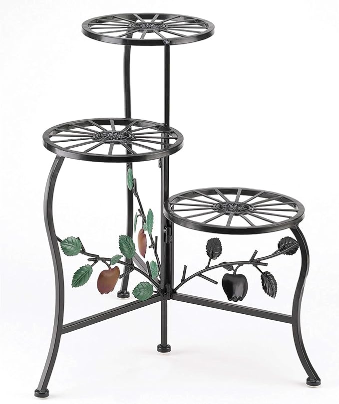 Vintage Plant Holder, Multi Tier Plant Stand Wrought Iron, Tri-Level Plant Stands, Round Metal Plant Rack, Black Patio Plant Shelf, Apple Flower Pot Stand, Indoor Outdoor Plant Lover Gifts