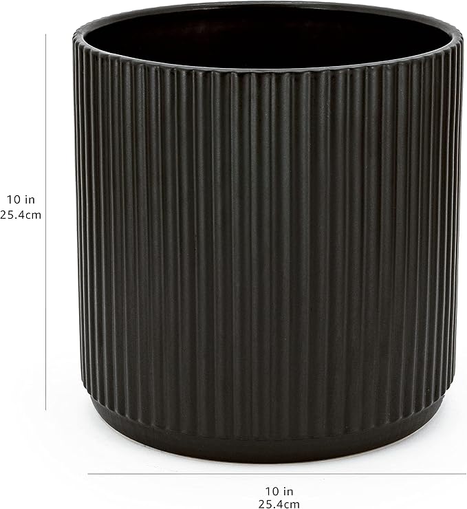 Amazon Basics Fluted Ceramic Round Planter with Drainage Hole, 10-inch, Black, Indoor Outdoor, Flower Pot