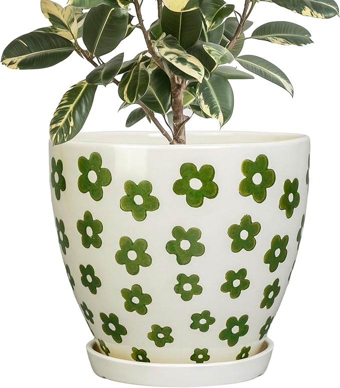 MPotTo Ceramic Flower Pot - 10 Inch Plant Pot Indoor with Drainage Hole and Saucer, Boho Round Ceramic Planter for Indoor Outdoor Plants, Plant Lover Gifts, Home Garden House Decor, White