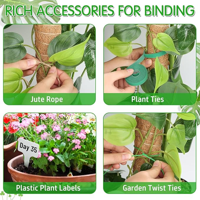 ROADPLUM 4 Pack 21.7" Coco Coir Poles, Stackable Plant Stakes Moss Pole for Plant Monstera with Twist Ties Plant Ties Labels Jute Rope, Plant Sticks Support for Climbing Plants Growth Indoor