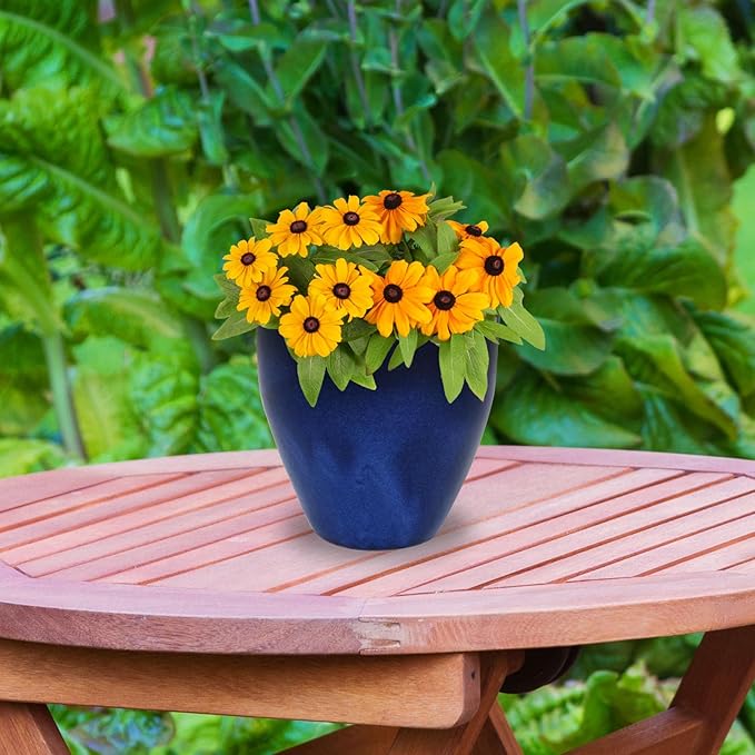 Sunnydaze Round Resort Ceramic Planter - Set of 2 Indoor or Outdoor Plant Pots with Drainage Hole - 10" - Imperial Blue Glaze