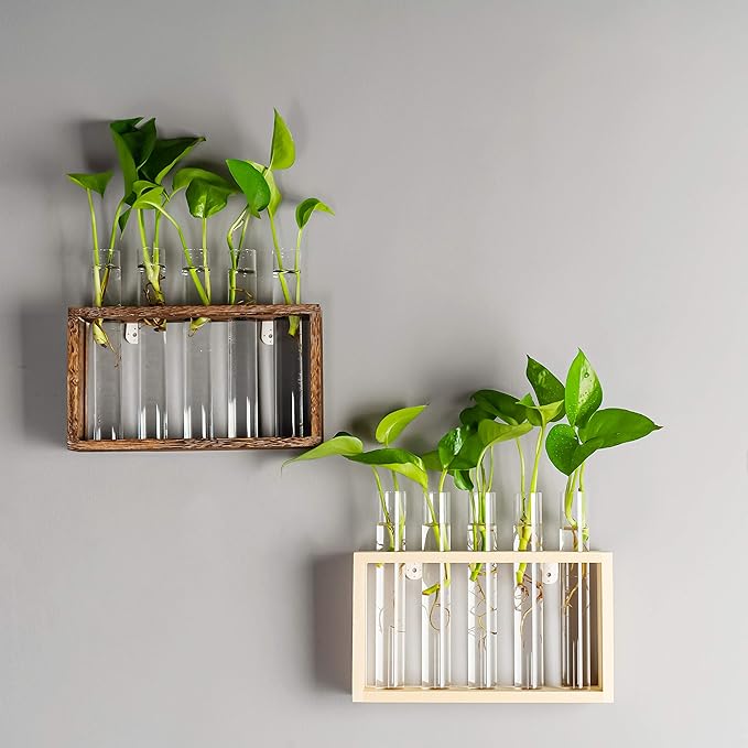 Kingbuy Wall Propagation Station with 5 Test Tube Vases - Vintage Wood Stand Wall Hanging Planter for Plants, Tabletop Terrarium Windowsill Decor Kitchen Herb Garden Accessory, Burlywood
