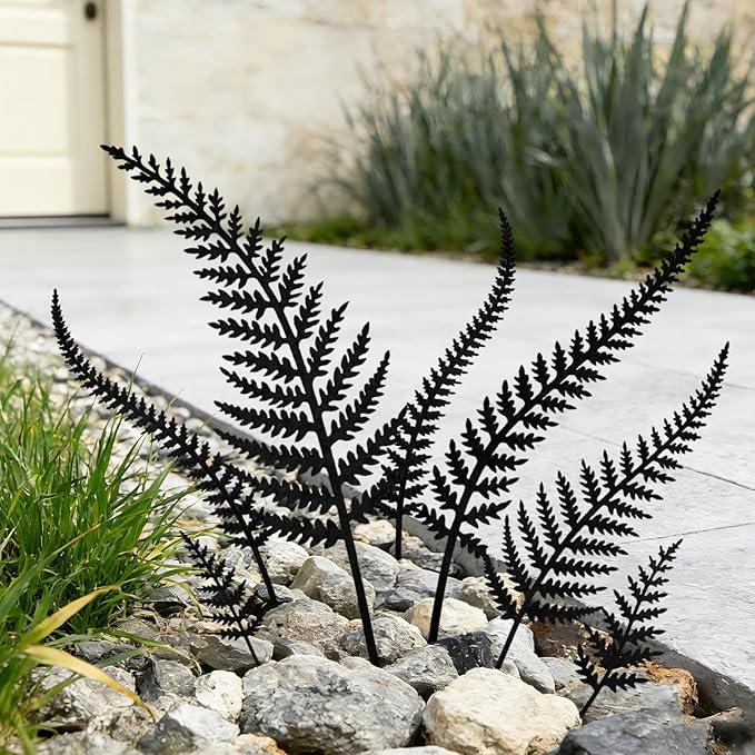 KODIBO 7-Pack Garden Stakes, Black Metal Fern Leaf for Indoor & Outdoor Potted Plants, Metal Flowers for Outside, Decorative Outdoor Statues, Minimalist Garden Decorations Yard Ornaments Spring Decor