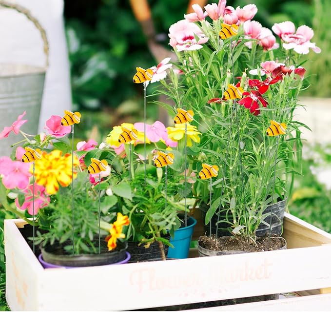 10PCS Bee Garden Stakes Decor Small Bees Yard Decor Metal Garden Stakes Honey Bee Decors Spring Summer Resin Bumble Bees Gardens Stake for Lawn Corridor Plant Pot Pathway Flower Bed