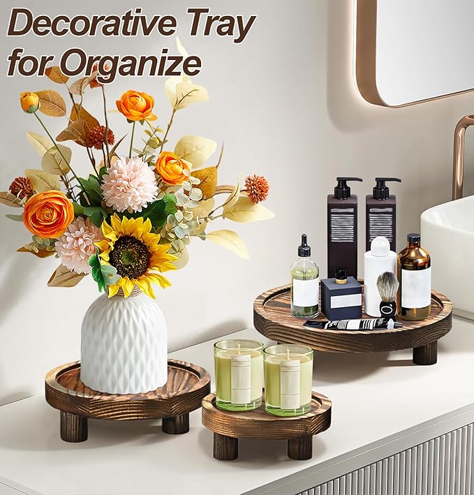 3 Pcs Wooden Risers for Display, Round Wood Riser Plant Stand 5/6/8" Pedestal Stand, Flower Pot Holder Small Planter Tray for Kitchen Home Décor (Brown)