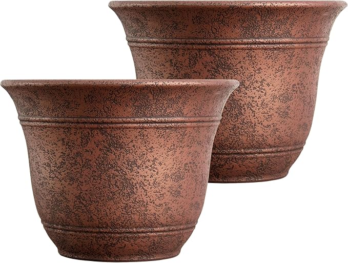 The HC Companies Sierra Round Self-Watering Pot - Lightweight Plastic Planter for Herbs & More - Durable Plant Pots for Indoor Plants & Outdoor Plants (13” Rustic Redstone, Pack of 2)