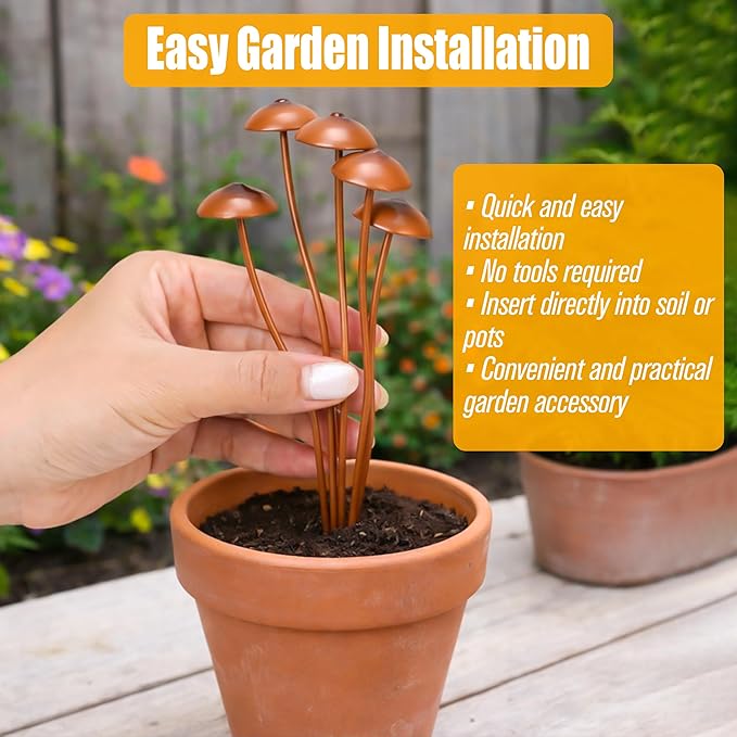 Mushroom Garden Plant Stakes – 2pcs Metal Statue Decor, Rust-Proof Iron Ground Ornament, Decorative Art Accessories for Outdoor Patio Lawn Yard, Flower Pot, Potted Plants, Indoor Gardeners Gift Lovers